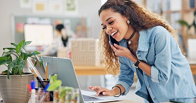 Woman, package and phone call in e commerce, logistics and stock management, online shop or customer support. Seller, supplier or fashion designer talking on mobile, inventory boxes or computer order