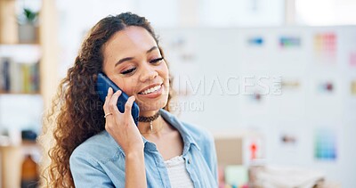 Buy stock photo Creative, woman and phone call in startup for planning, conversation and contact with client on design ideas or work. Designer, communication and talking with person on cellphone about art project