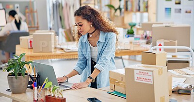 Buy stock photo Woman, boxes and laptop for logistics, e commerce and stock management, online shop and stock management. Startup, small business owner or designer with package inventory, computer and website order