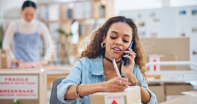 Buy stock photo Business, phone call and woman writing, delivery and order with distribution, inventory and connection. Person, employee and professional with a smartphone, communication and shipment with network