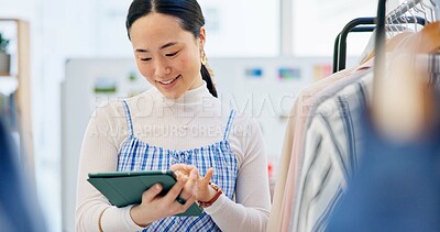 Fashion, small business and Asian woman with a tablet, store and retail with ecommerce, connection and search internet. Person, shop assistant and worker with technology, boutique and online shopping