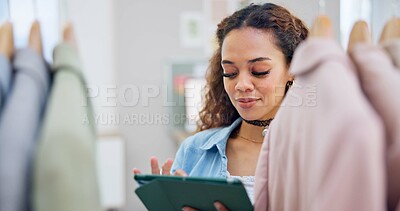 Buy stock photo Retail, ecommerce and woman with a tablet, store and inventory with connection, fashion or typing. Person, shop assistant or worker with technology, small business or boutique with retail or internet