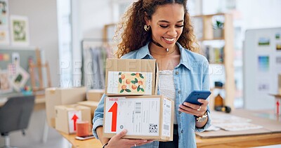 Buy stock photo Woman, boxes and phone for office e commerce, logistics and stock management, online shopping or social media. Supplier, seller or fashion designer for package inventory, mobile chat or website order