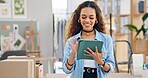 Woman, boxes and tablet for office logistics, e commerce and stock management, online shop or supply chain. Small business owner or fashion designer with package inventory, digital and website order