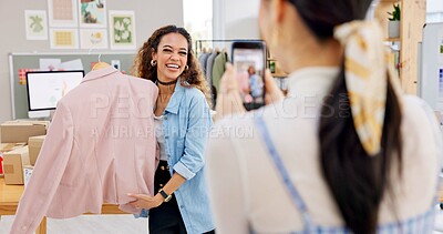 Buy stock photo Fashion influencer, cellphone and women live streaming clothes presentation, style review or mobile app broadcast. Phone, content creator team and small business owner teamwork on retail commercial