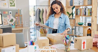 Online order, label check and woman with small business in fashion with delivery and cardboard box. Stock, startup and sales of ecommerce and web boutique at home of a entrepreneur with checklist