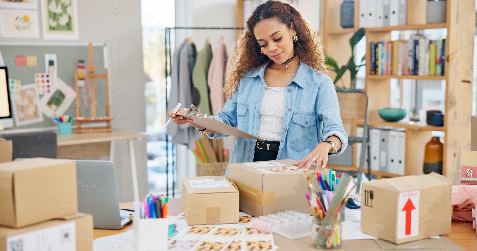 Buy stock photo Online order, label check and woman with small business in fashion with delivery and cardboard box. Stock, startup and sales of ecommerce and web boutique at home of a entrepreneur with checklist