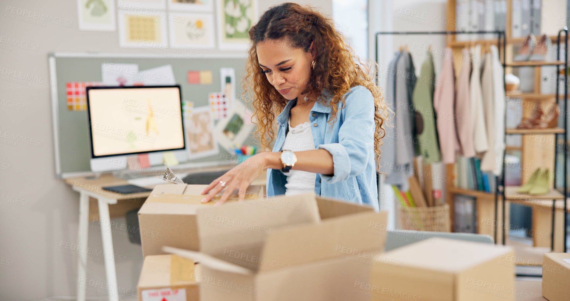 Buy stock photo Online order, label check and woman with small business in fashion with delivery and cardboard box. Stock, startup and sales of ecommerce and web boutique at home of a entrepreneur with checklist