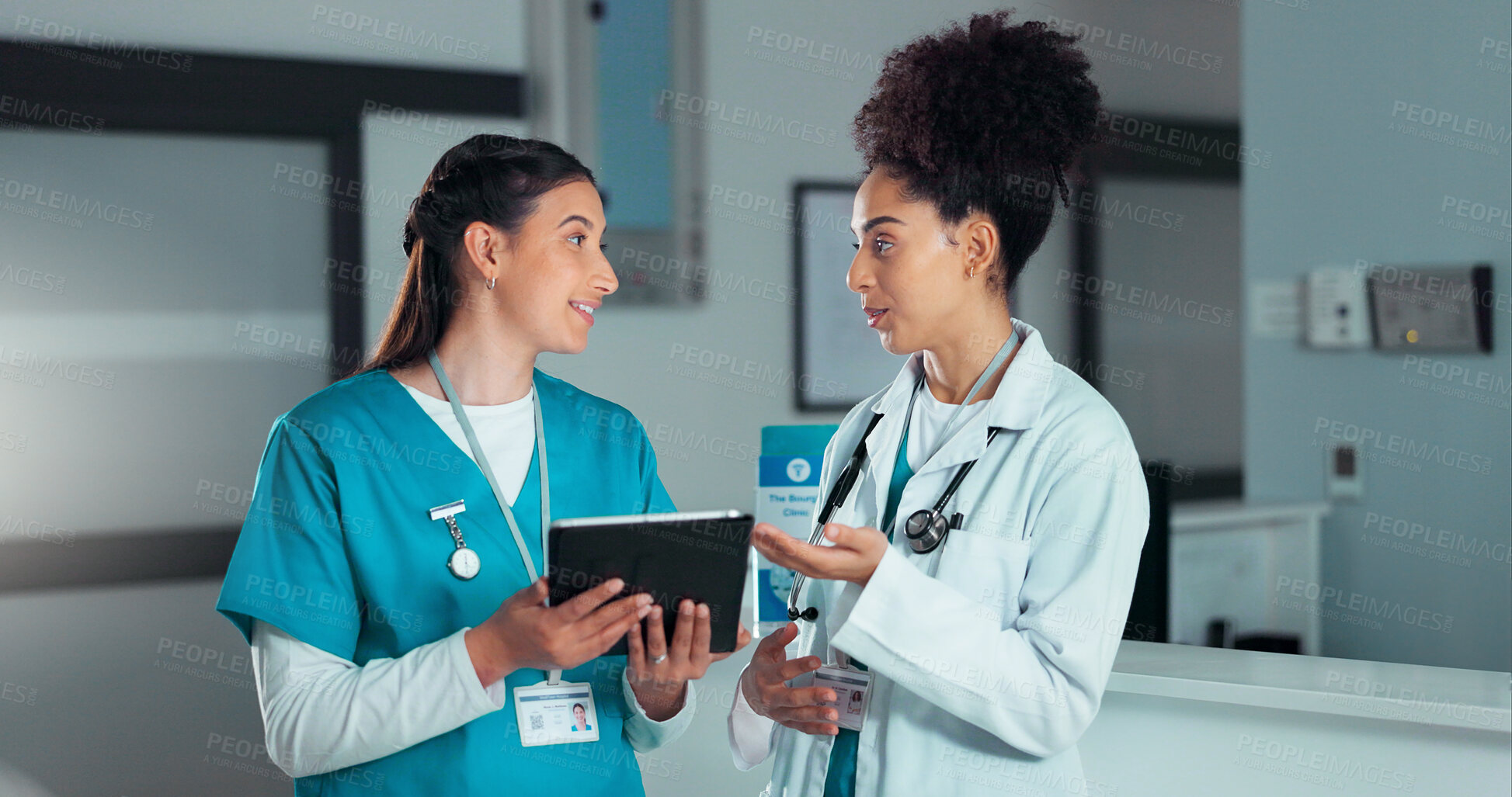 Buy stock photo Teamwork, discussion and doctors on tablet in hospital for research, report advice and telehealth. Healthcare, clinic and women talking on digital tech for medical service, online results and meeting