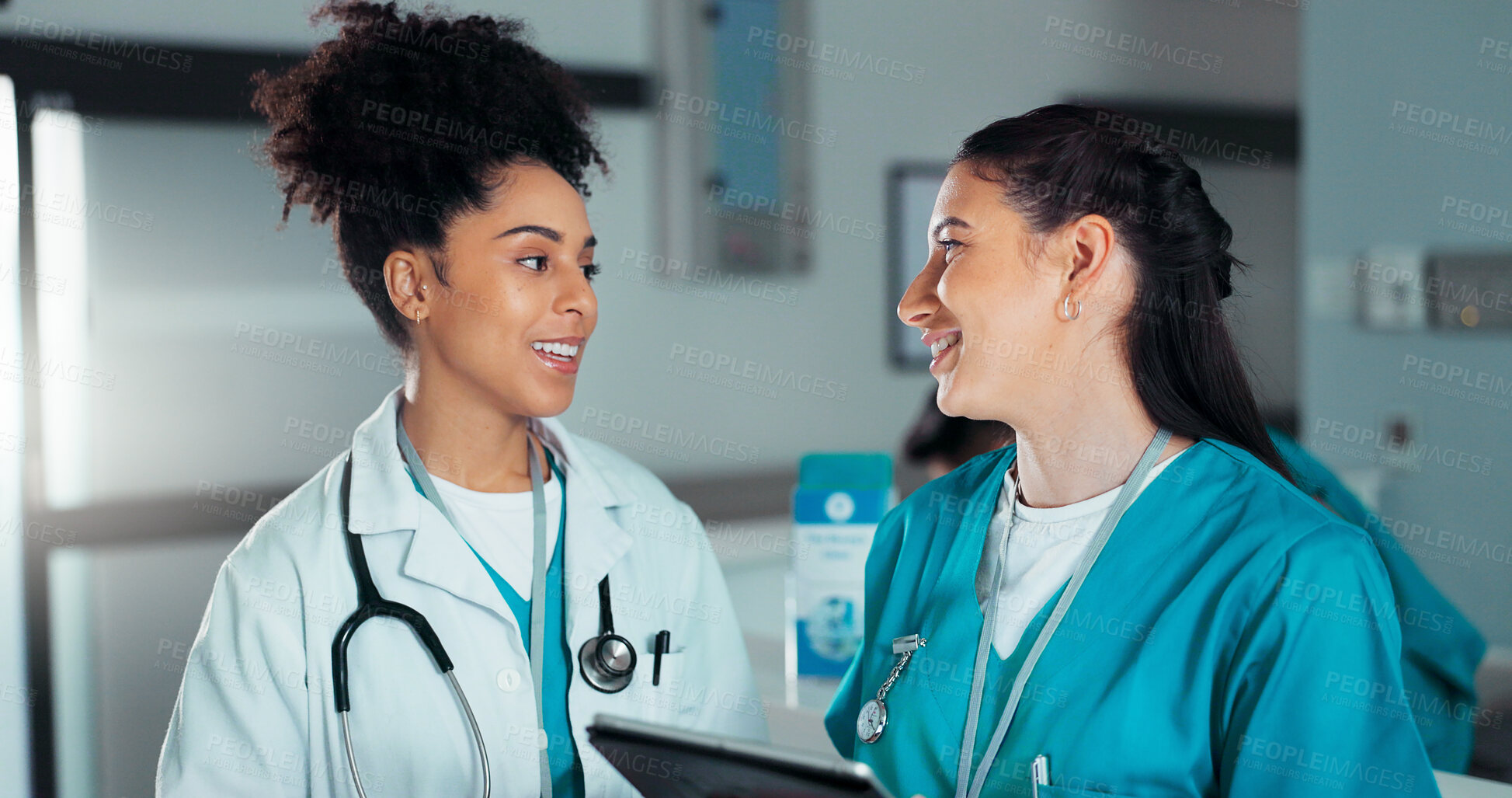 Buy stock photo Teamwork, discussion and doctors on tablet in hospital for research, report advice and telehealth. Healthcare, clinic and women talking on digital tech for medical service, online results and meeting