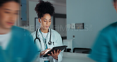 Tablet, healthcare doctor and happy woman typing online research, medicine study and smile for wellness, test exam results. Hospital web info, scroll and nurse reading clinic review, feedback or news