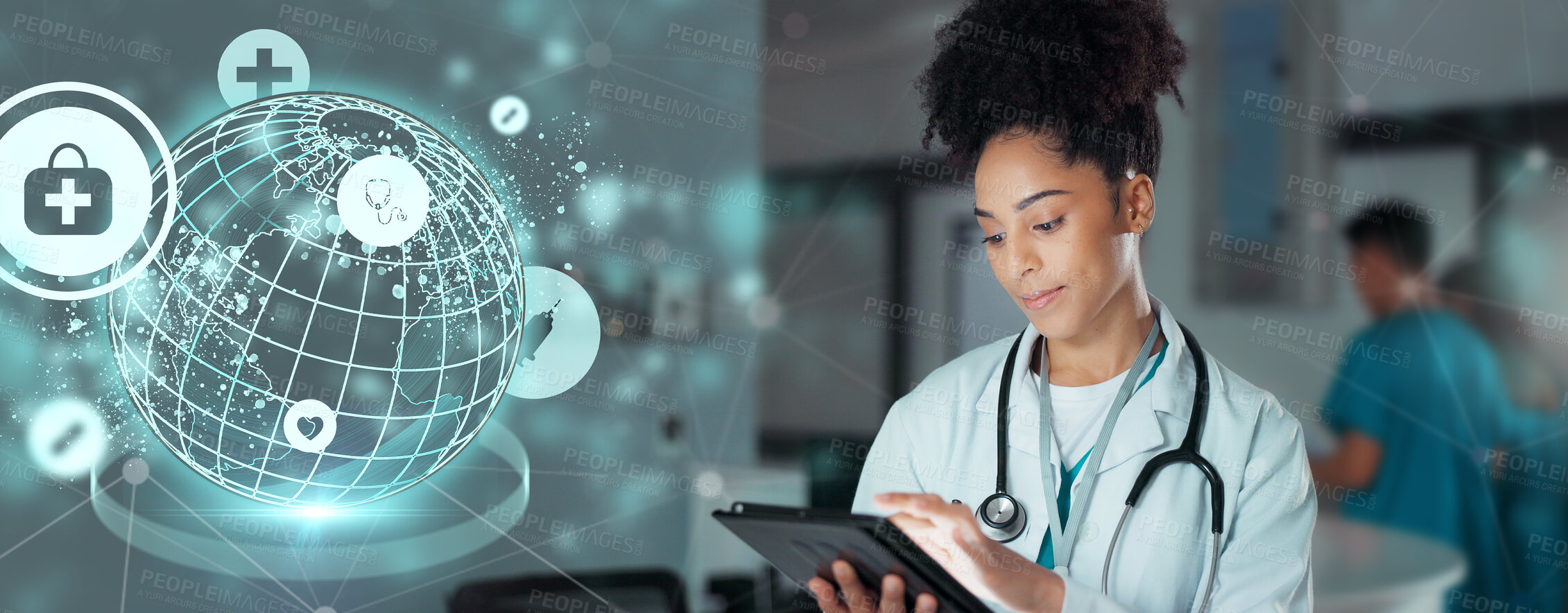 Buy stock photo Tablet, healthcare doctor and woman typing online research, check medicine study and reading wellness information. Hospital service, medical cardiology and professional surgeon review clinic website