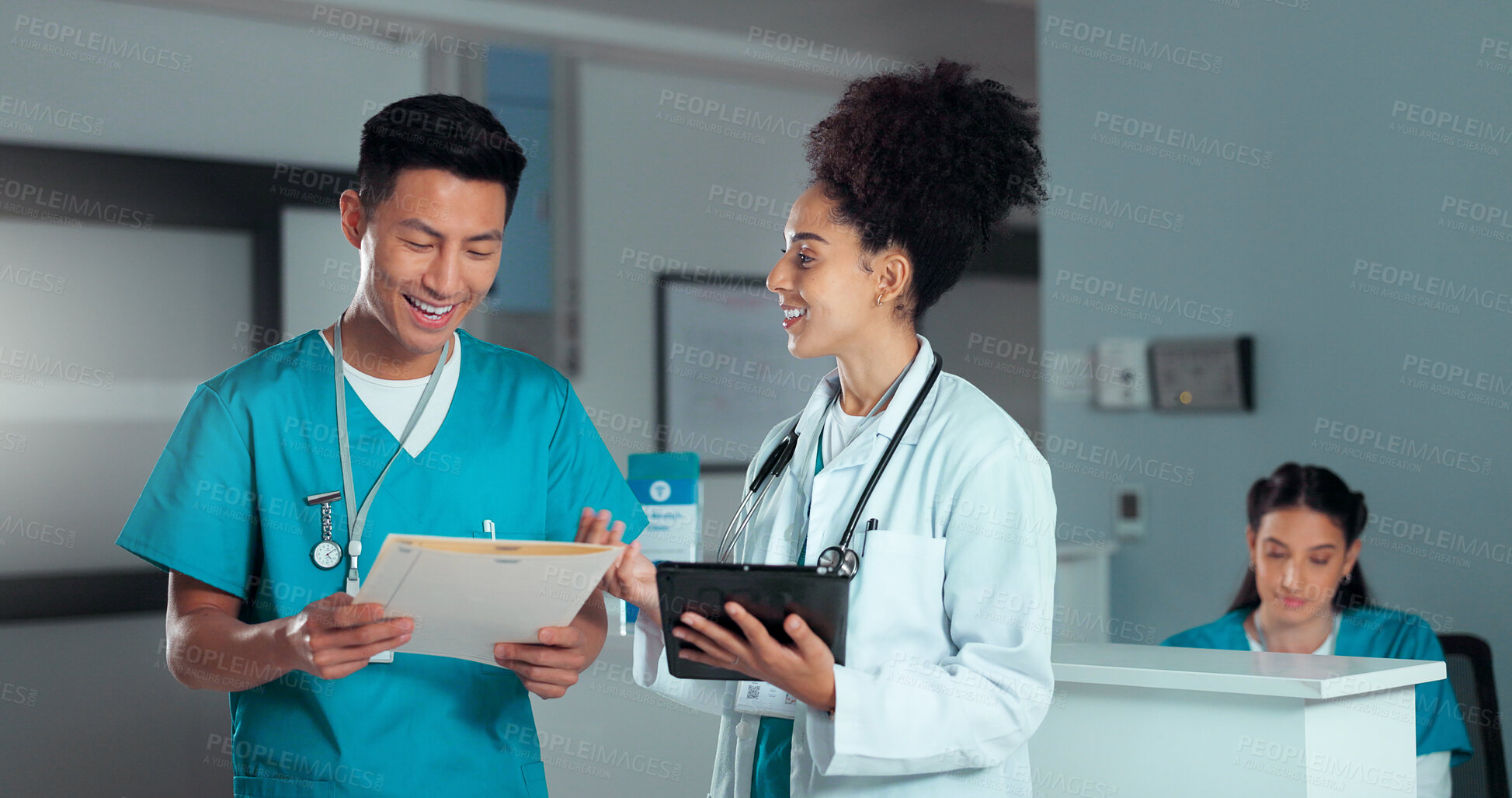 Buy stock photo Doctor, hospital and chart for discussion, colleague and tablet for consultation, medical data and cure. Healthcare, collaboration or work in clinic, man and woman with patient update, help or advice