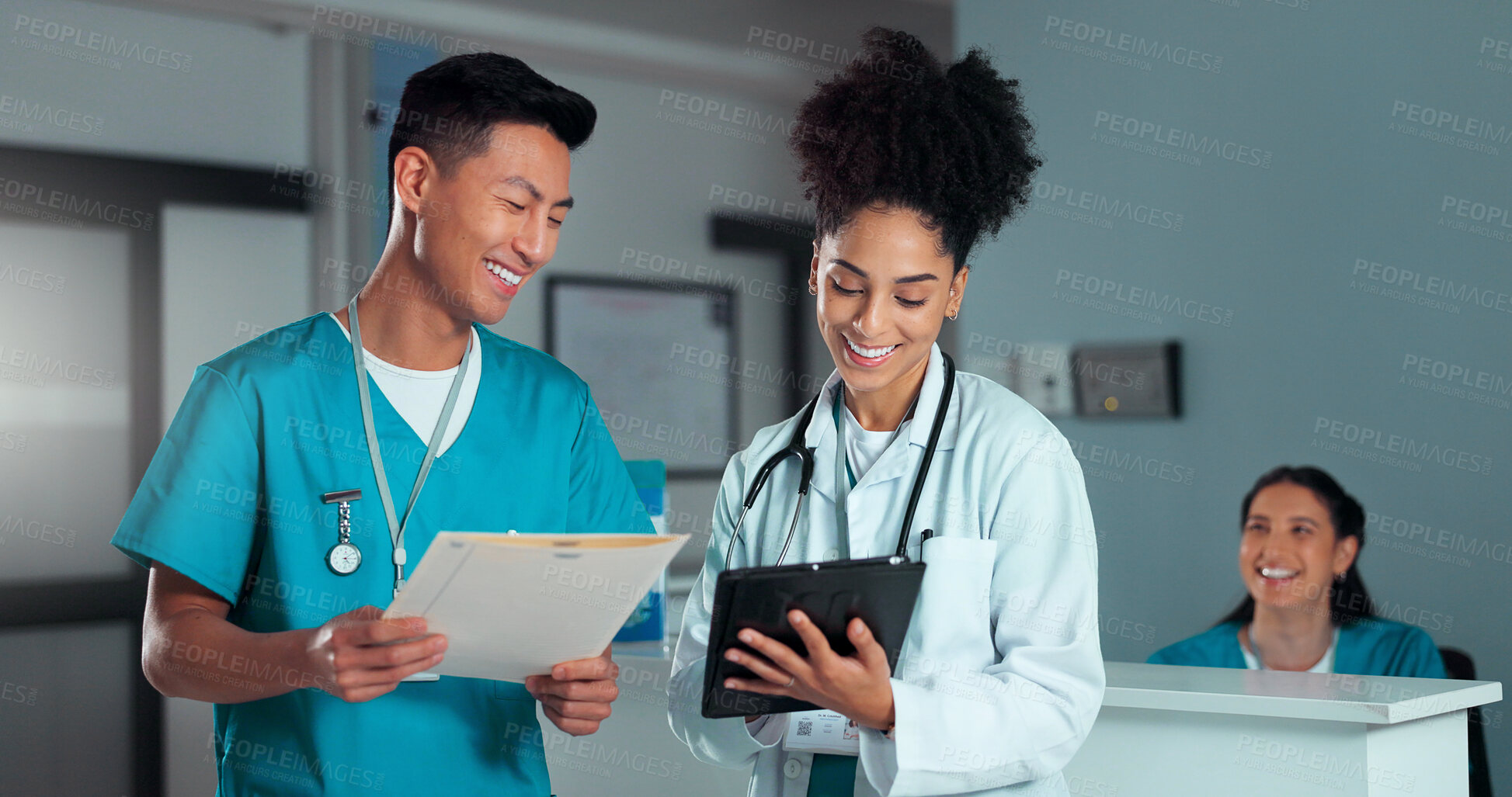 Buy stock photo Teamwork, discussion and doctors on tablet and form in hospital for research, advice and consulting. Healthcare, documents and man and woman on digital tech for medical service, results and meeting