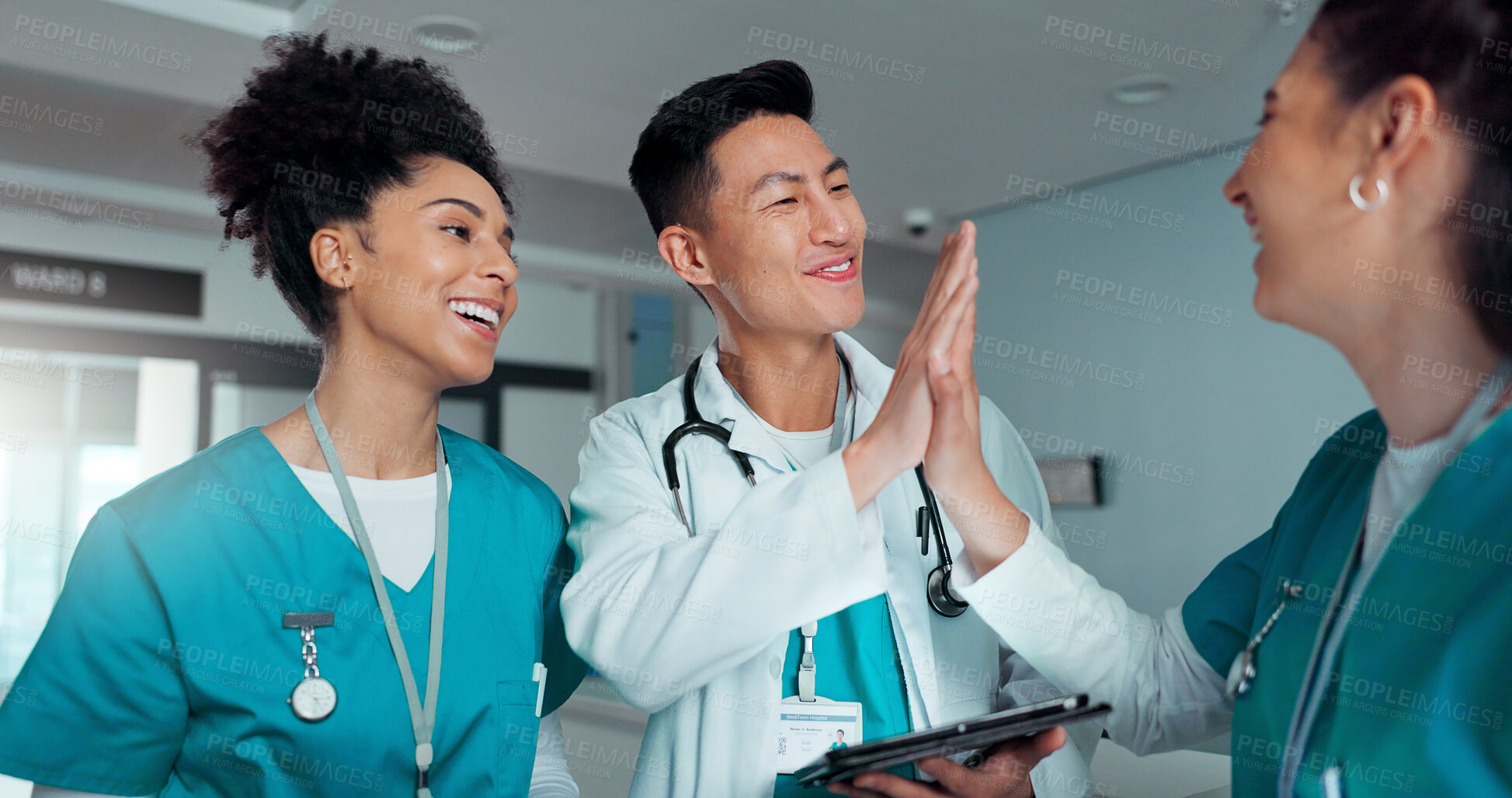 Buy stock photo Tablet, doctor high five and happy people celebrate online research, medicine study success and exam results. Hospital team cheers, group achievement and nurse reading clinic review, feedback or news