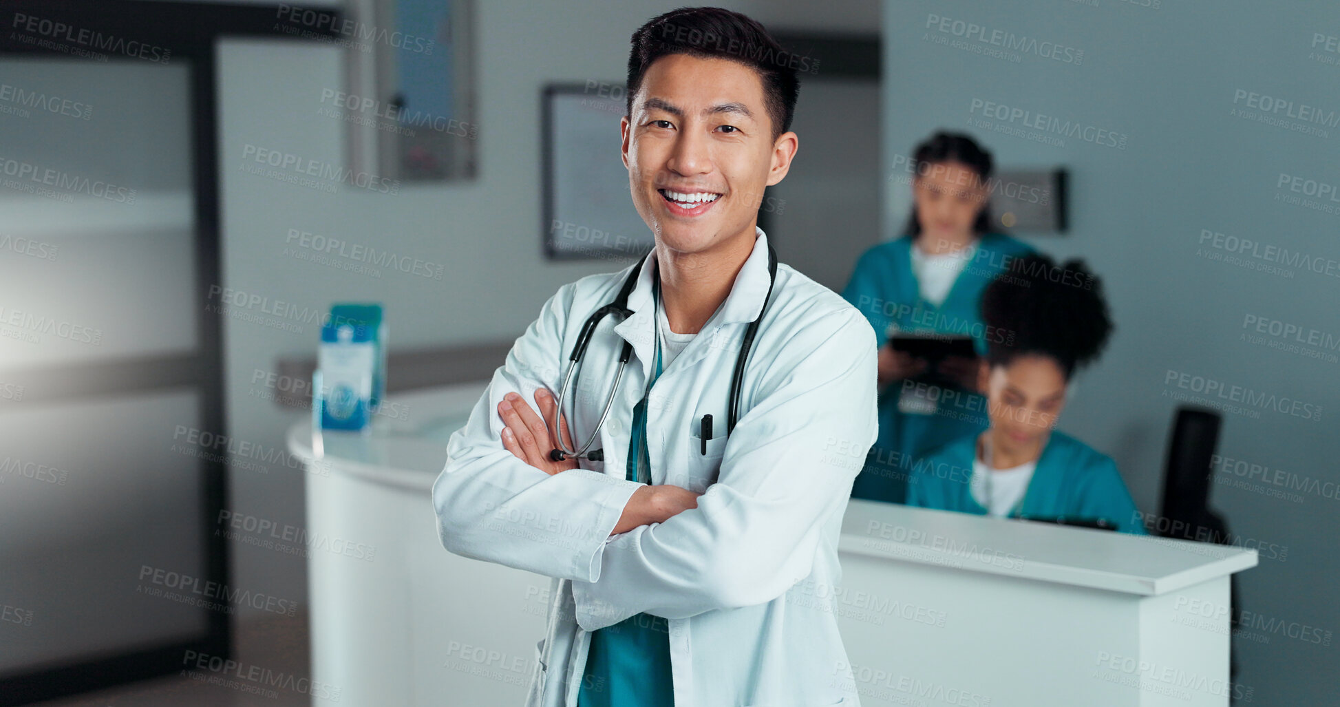 Buy stock photo Happy, doctor arms crossed and Asian man, nurse or surgeon with career smile, job experience or pride. Hospital portrait, medical cardiology and professional healthcare worker for clinic support