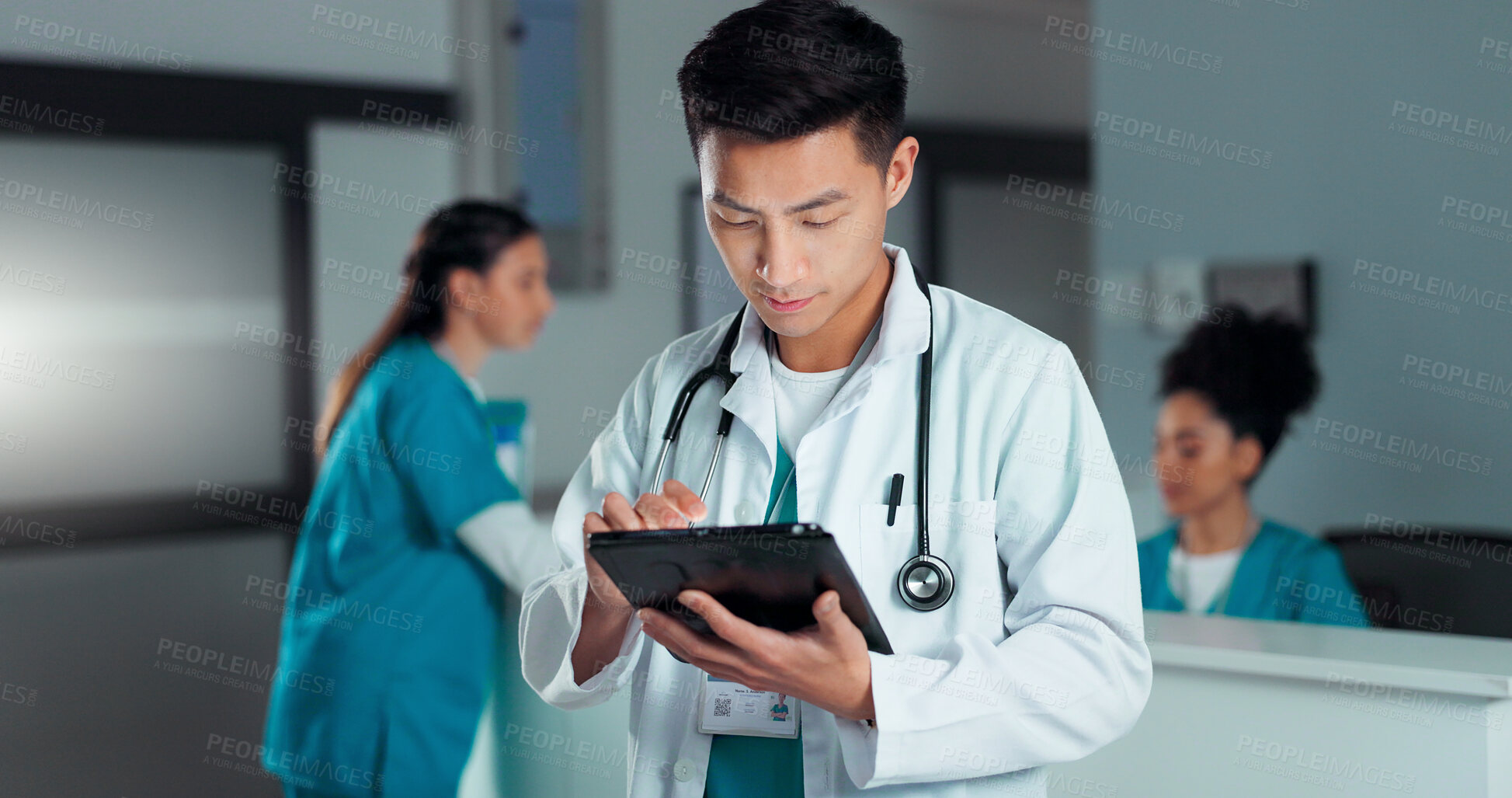 Buy stock photo Tablet, healthcare doctor and happy man typing online research, check medicine study and smile for wellness results. Hospital service, happiness and surgeon reading clinic review, feedback or news