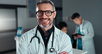 Doctor, hospital or professional man, happy nurse or cardiologist with career smile, cardiology service job or vocation. Medic portrait, work pride or confident clinic worker for health care wellness