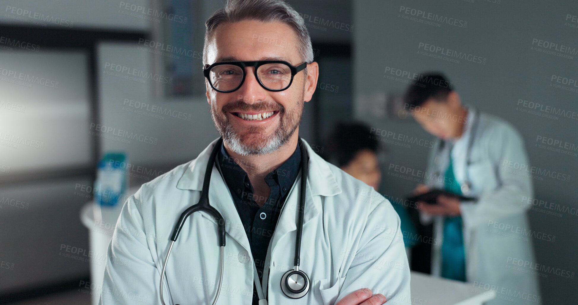 Buy stock photo Doctor, hospital or professional man, happy nurse or cardiologist with career smile, cardiology service job or vocation. Medic portrait, work pride or confident clinic worker for health care wellness