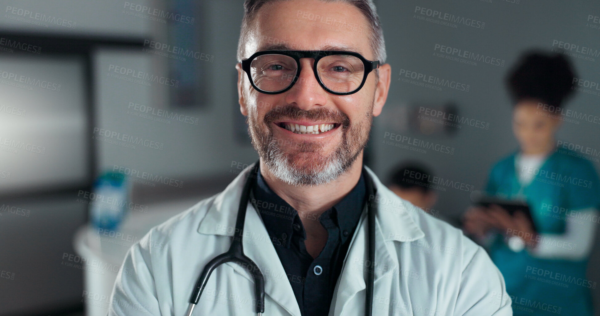 Buy stock photo Doctor, hospital or professional man, happy nurse or cardiologist with career smile, cardiology service job or vocation. Medic portrait, work pride or confident clinic worker for health care wellness