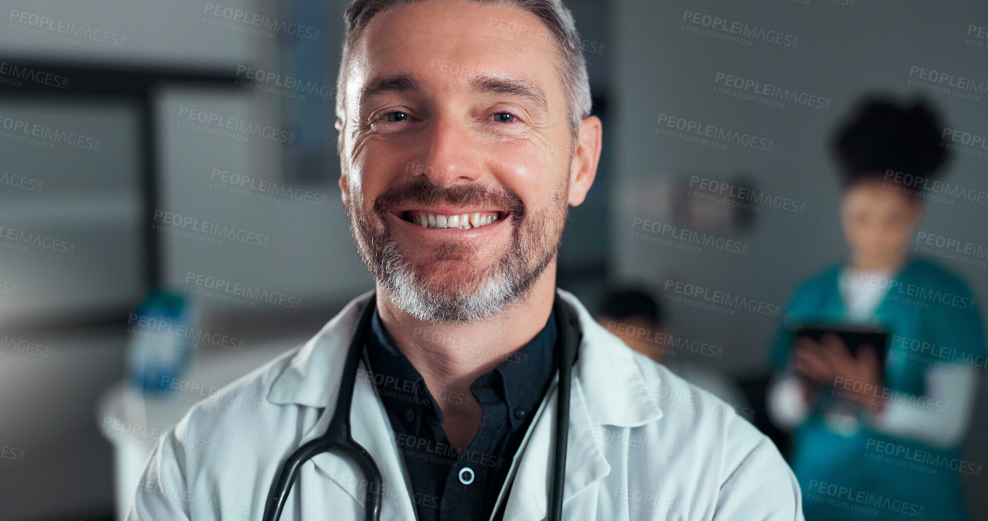 Buy stock photo Happiness, surgeon face and professional man, nurse or cardiologist with career smile, service job or healthcare vocation. Hospital portrait, work commitment and clinic consultant for health wellness