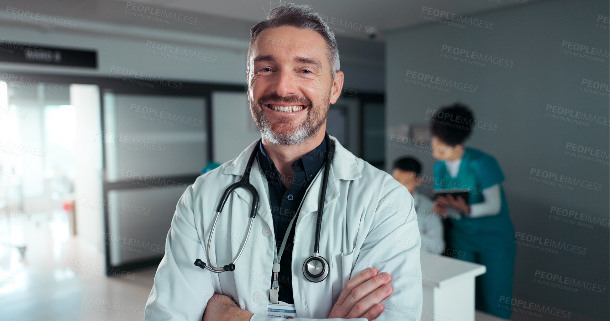 Buy stock photo Surgeon, hospital or professional man, happy nurse or cardiologist with career smile, doctor service job or vocation. Employee portrait, work commitment or confident clinic worker for health wellness