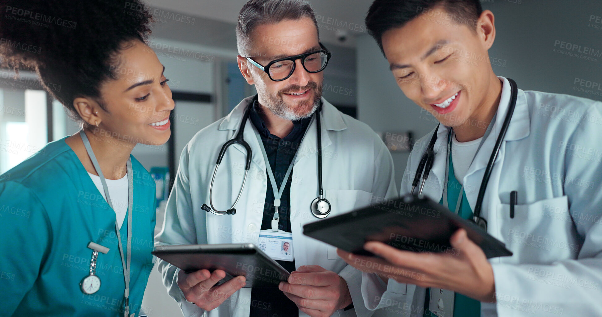 Buy stock photo Doctors, nurses and tablet with hospital success, applause and celebration of healthcare results or solution. Happy medical team, mentor and students on digital technology for hospital news or goals