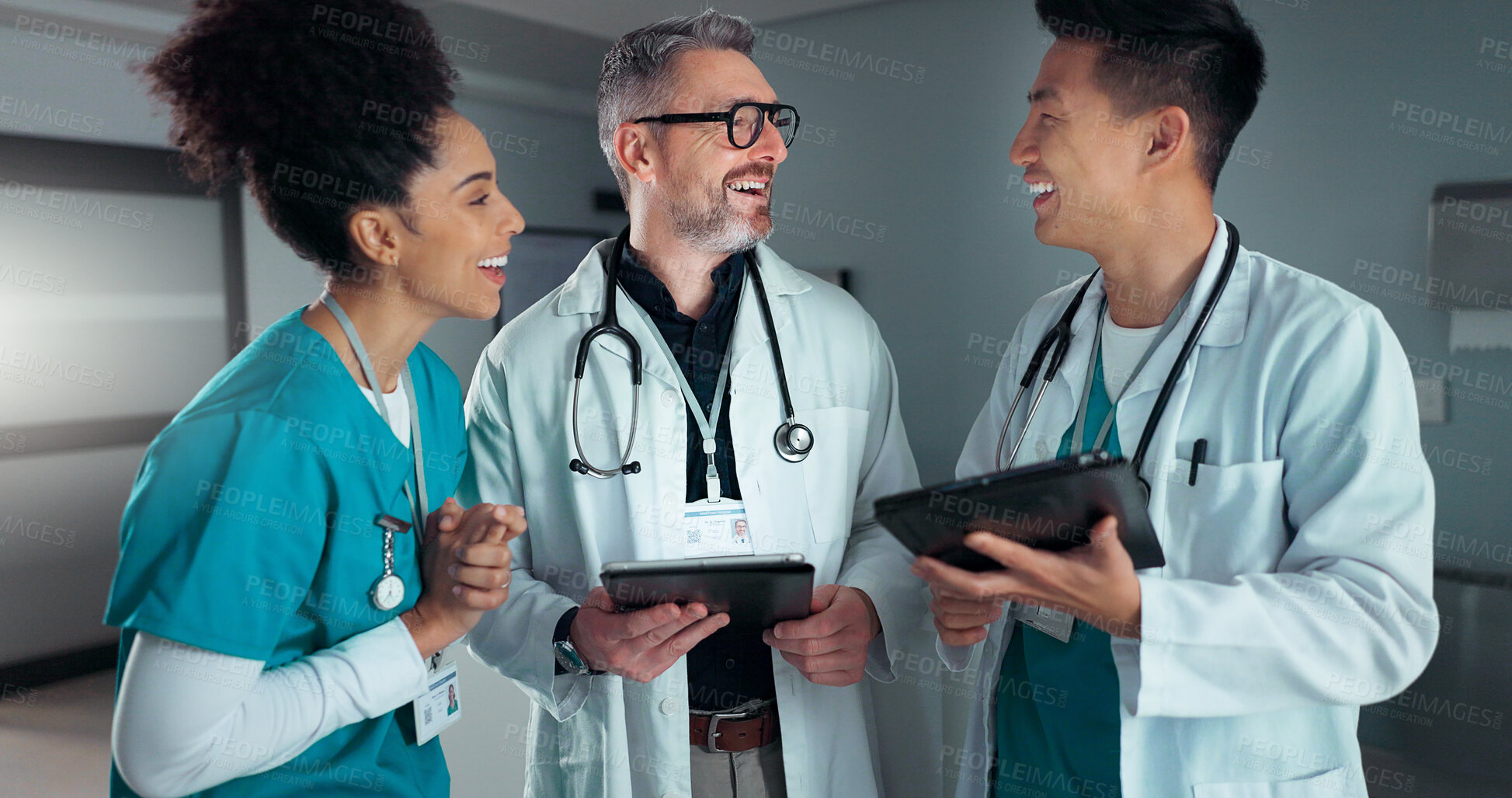 Buy stock photo Doctors, nurses and tablet with healthcare success, applause and celebration of hospital results or solution. Happy medical team, mentor and students on digital technology for hospital news or goals