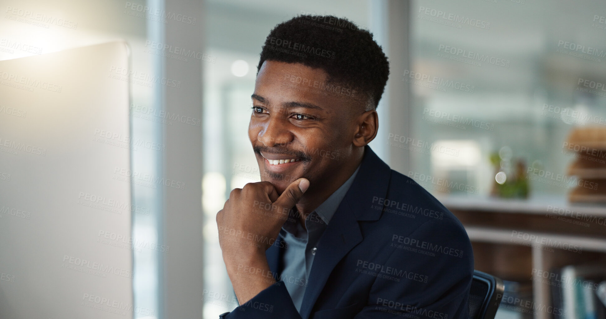 Buy stock photo Businessman, thinking and reading on computer with a smile in office for email, feedback or communication. Working, online or black man with research, inspiration or ideas from Nigeria report or news