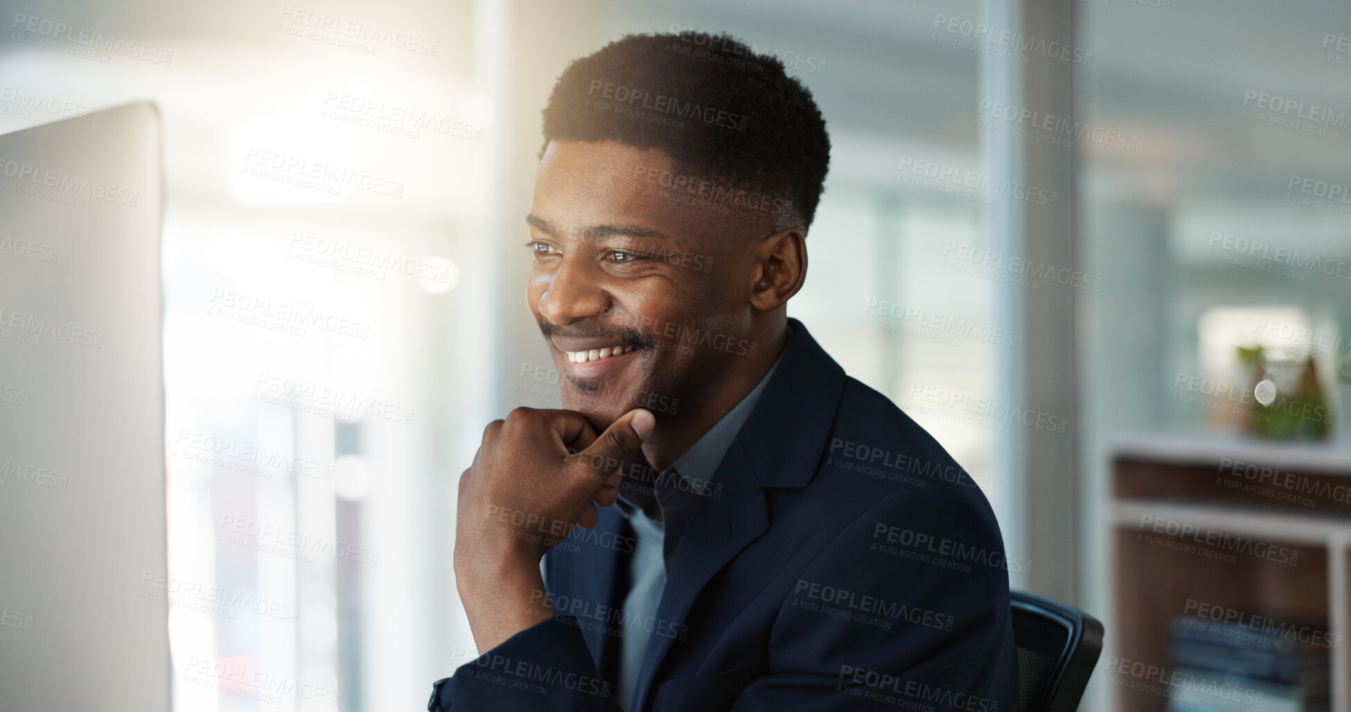 Buy stock photo Businessman, thinking and reading on computer with a smile in office for email, feedback or communication. Working, online or black man with research, inspiration or ideas from Nigeria report or news