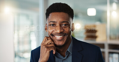 Face, smile and young businessman in office with confidence and positive attitude for startup at work. Employee, professional and portrait of entrepreneur and happy or ready for career in accounting
