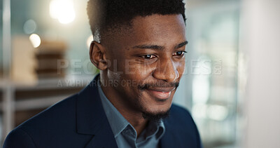 Thinking, reading and businessman on a computer in the office doing legal research for a case. Technology, ideas and professional African male attorney working on a law project in modern workplace.