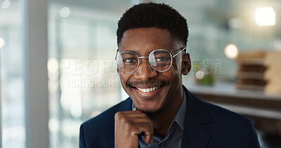 Young businessman, face and glasses in office with confident and positive attitude for startup at work. Employee, professional and portrait of entrepreneur and happy or ready for career in accounting