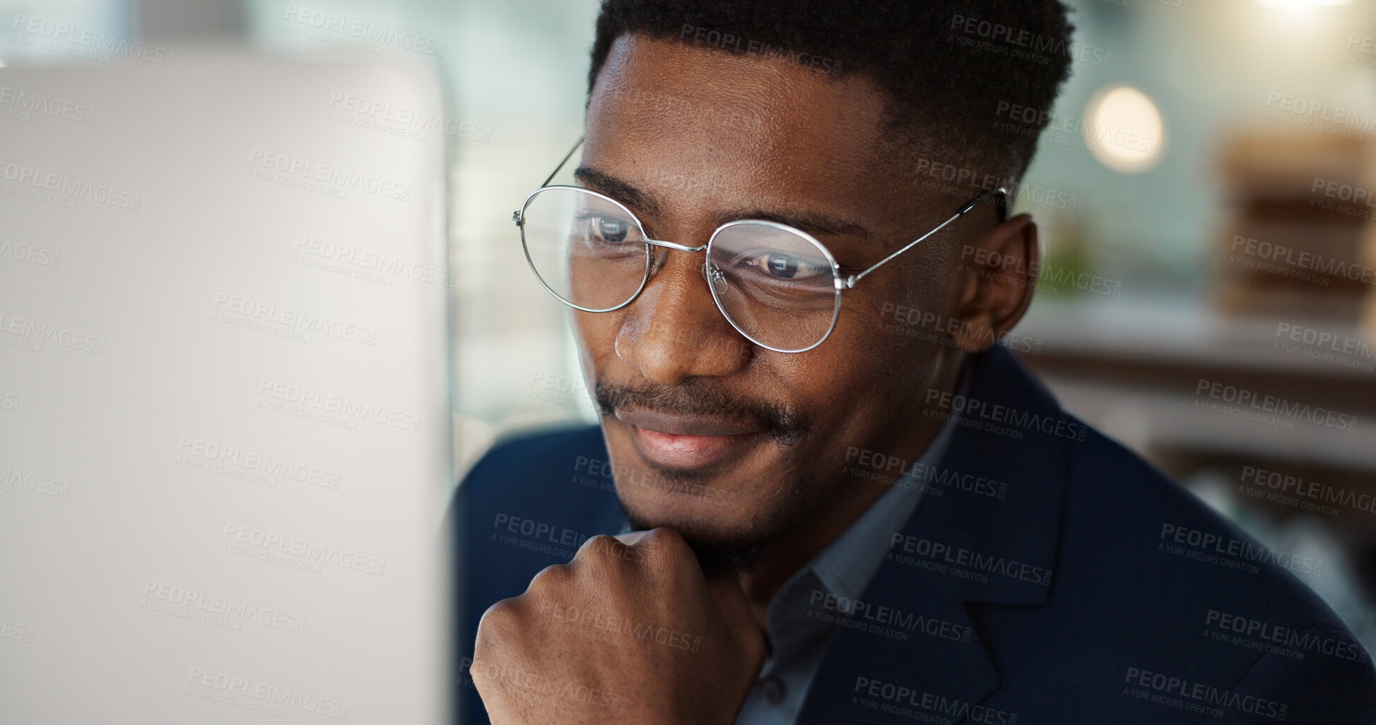 Buy stock photo Happy, businessman and reading email on computer in office with a smile for feedback or online communication. Black man, thinking or happiness for working with research, inspiration or ideas in Kenya