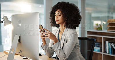 Phone, networking and businesswoman in the office typing a message on the internet or mobile app. Technology, chatting and frustrated female lawyer on cellphone for email or social media in workplace
