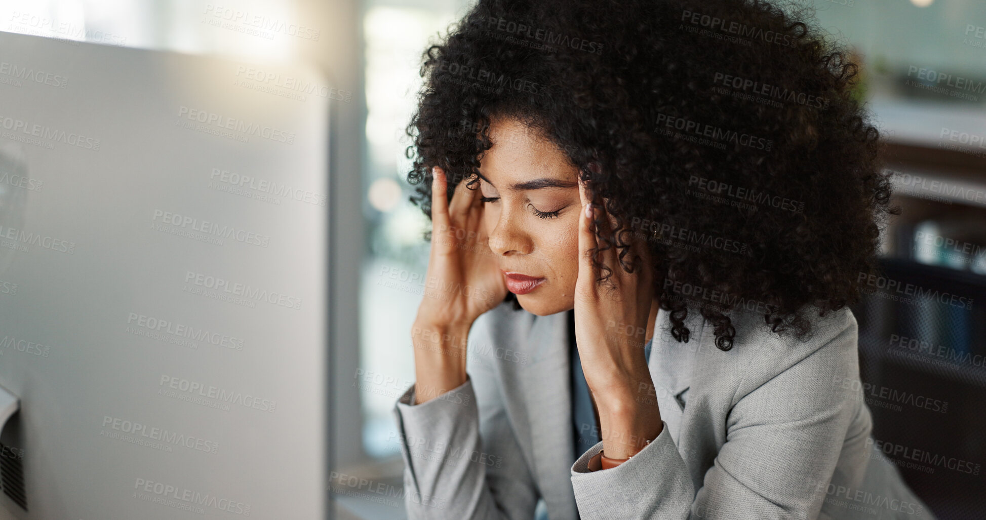 Buy stock photo Business, headache and woman with pain at work of stress, fatigue or anxiety in office or desk. Professional, person and massage head with ache from overwork, mental health or tired at workplace