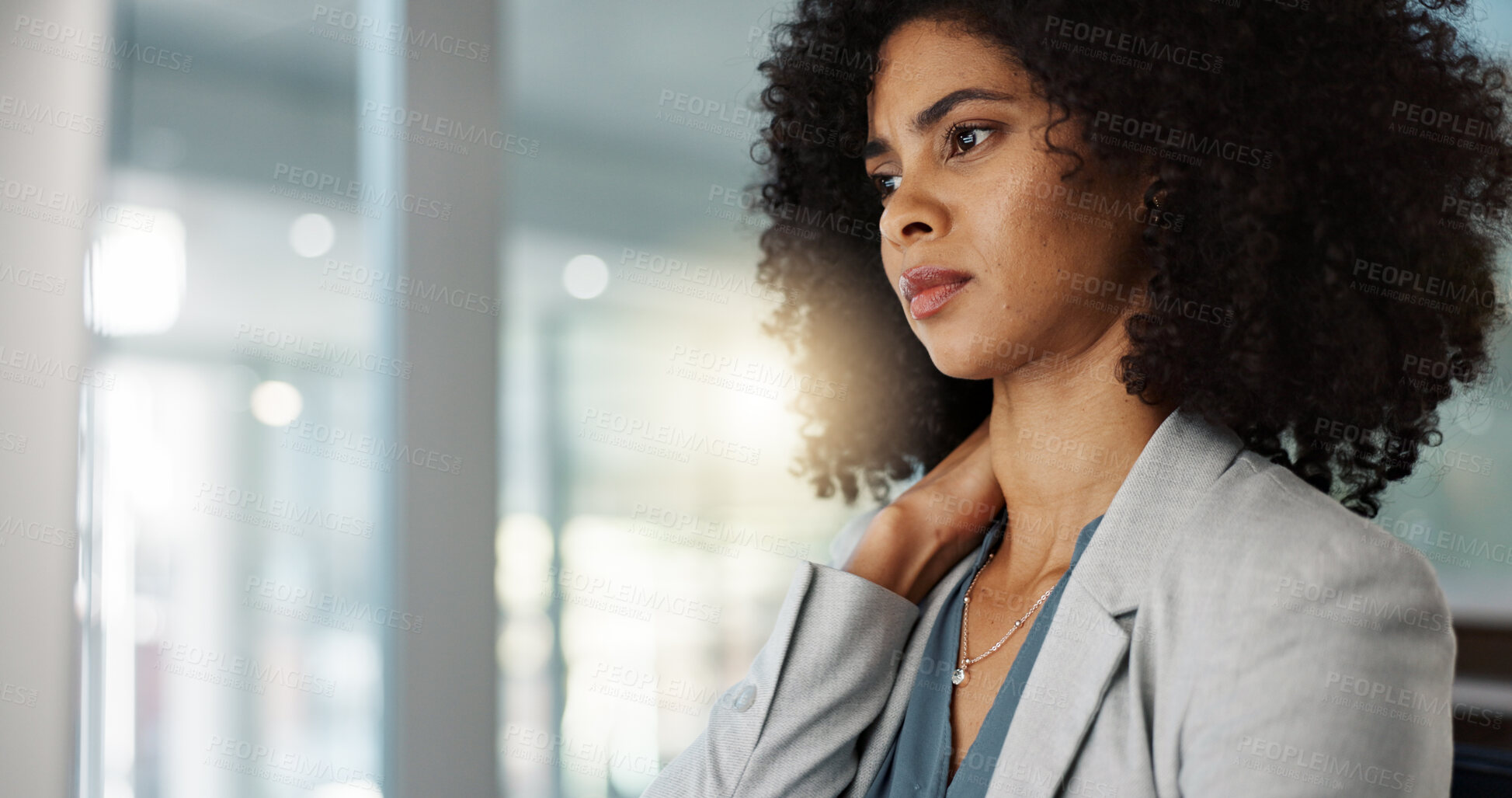 Buy stock photo Neck pain, business and black woman with stress and burnout in office and massage muscle or joint at desk. African employee, person and administrator overworked, tired and anxiety with work injury