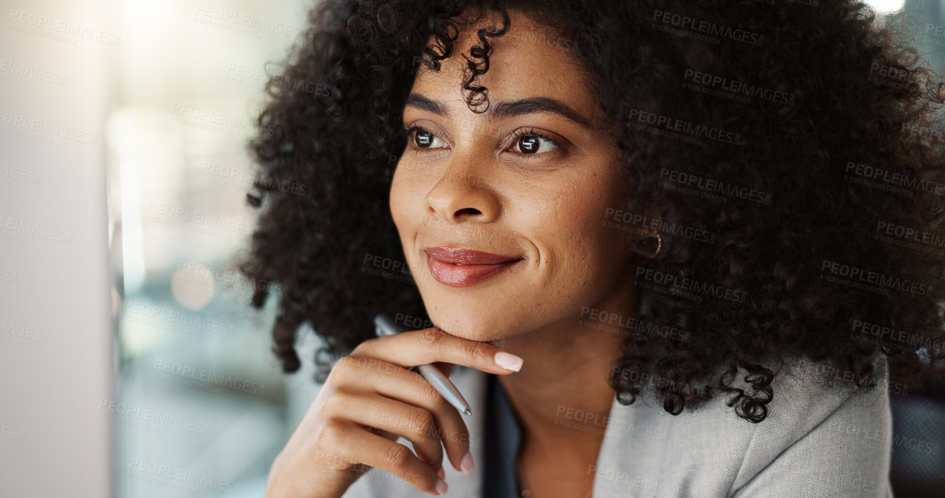 Buy stock photo Ideas, reading and businesswoman on a computer in the office doing legal research for a case. Technology, thinking and professional attorney from Mexico working on a law project in modern workplace.