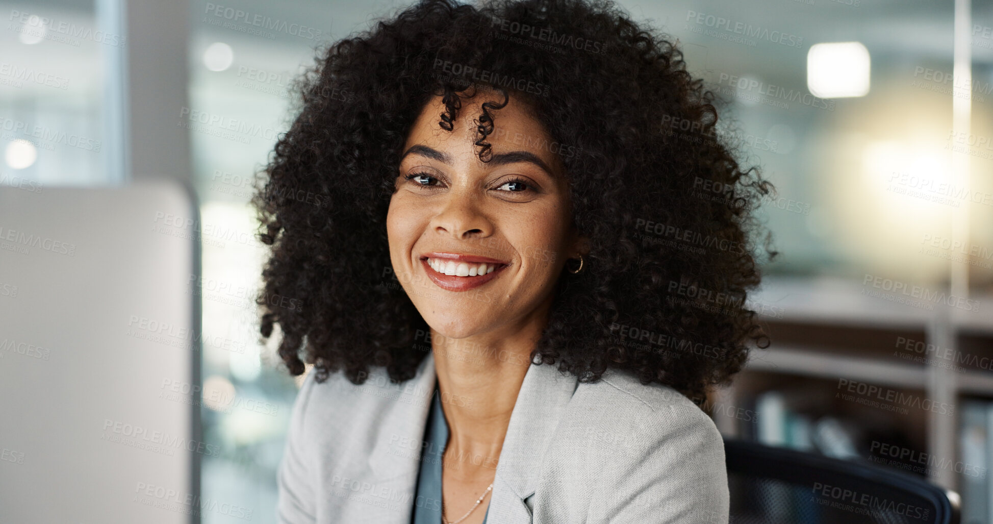 Buy stock photo Professional face, happiness and office woman, consultant or accountant with career smile, job experience or pride. Corporate portrait, administration employee and laughing person for accounting work