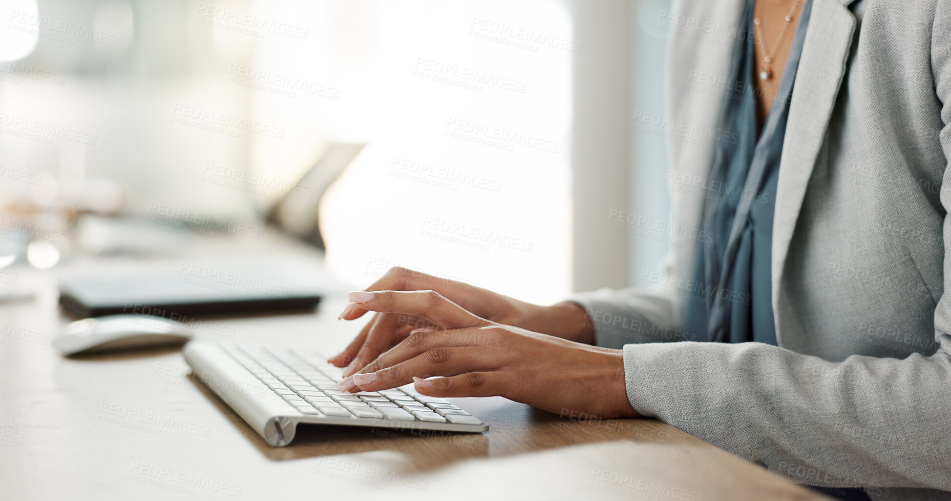 Buy stock photo Keyboard, hands and businesswoman in the office typing for legal research for a court case. Technology, career and closeup of professional female attorney working on a law project in modern workplace