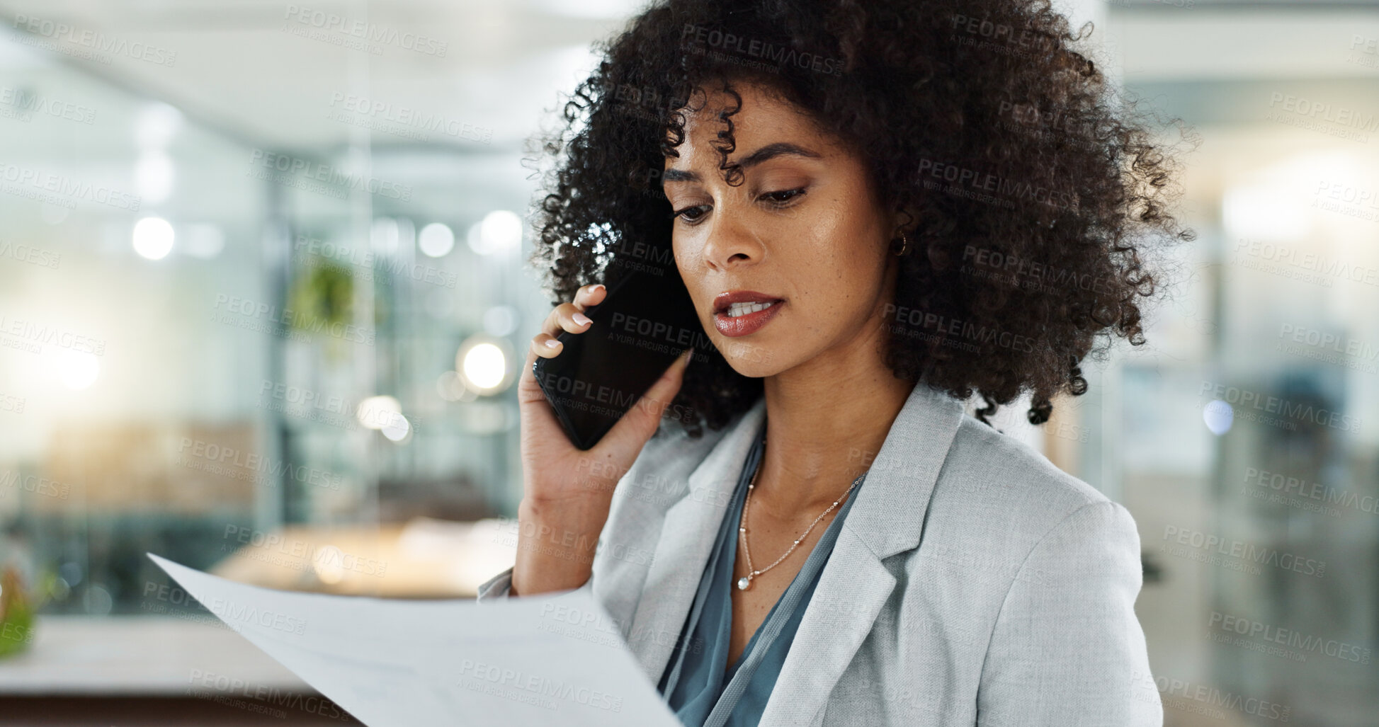 Buy stock photo Phone call, documents and a happy business black woman in the office for communication or negotiation. Smile, contact and discussion with a young female employee talking on her mobile for networking