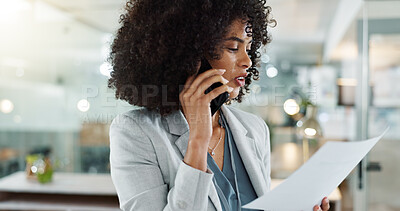 Phone call, documents and a happy business black woman in the office for communication or negotiation. Smile, contact and discussion with a young female employee talking on her mobile for networking