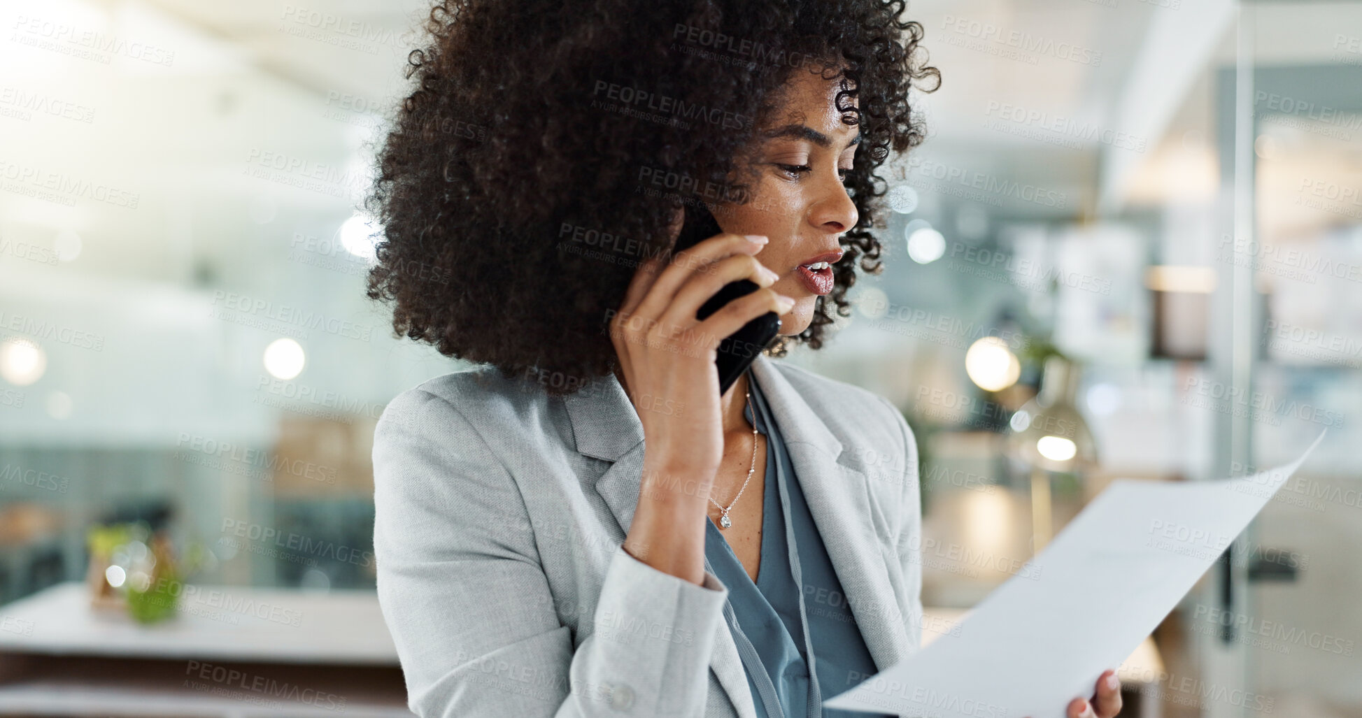 Buy stock photo Phone call, documents and a happy business black woman in the office for communication or negotiation. Smile, contact and discussion with a young female employee talking on her mobile for networking