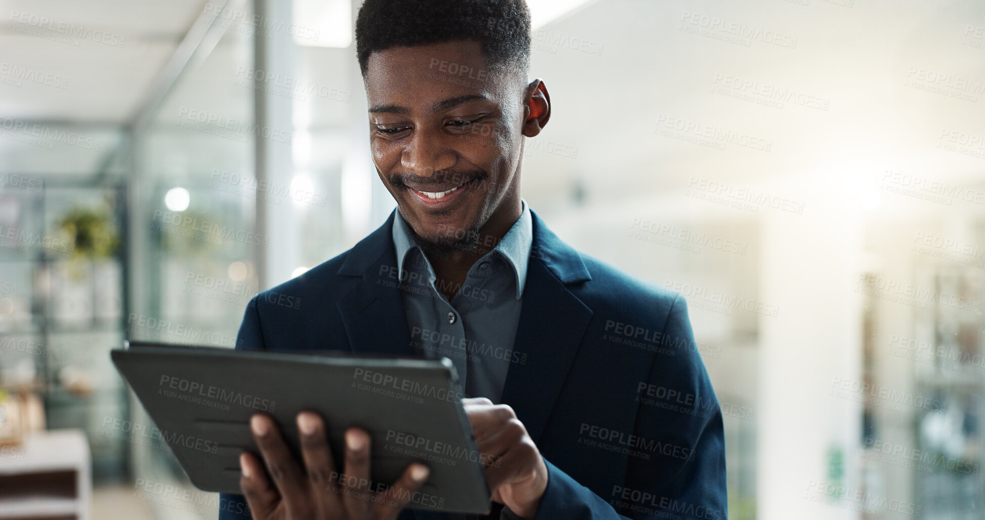 Buy stock photo Tablet, networking and businessman in the office typing a message on the internet or mobile app. Digital technology, chatting and African male lawyer scroll on social media or website in workplace.