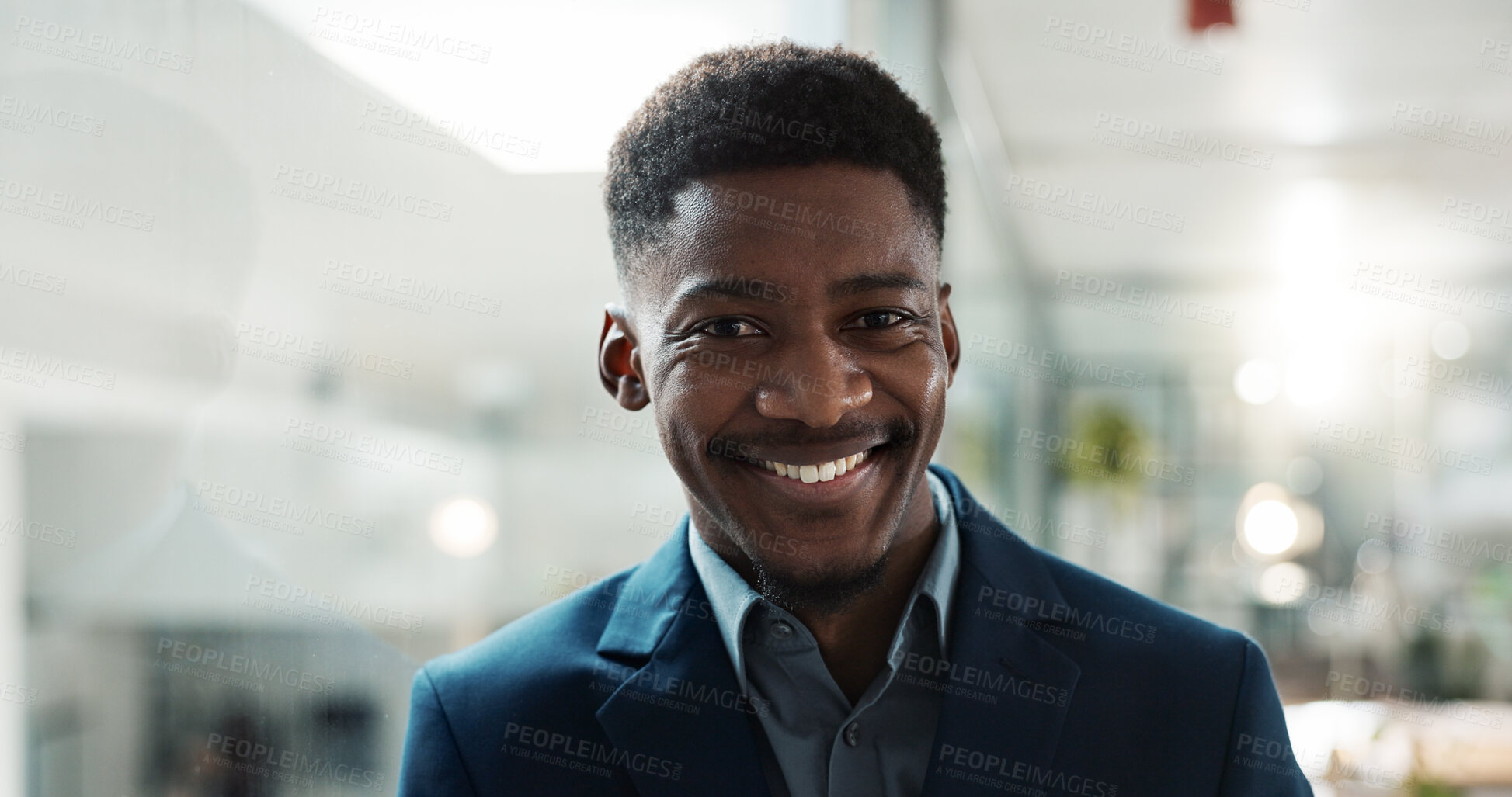 Buy stock photo Business, smile and black man with a tablet, employee and website information with connection. African person, consultant and entrepreneur with technology, internet and social media with digital app