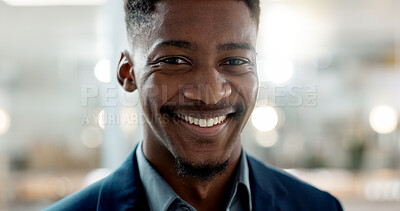 Young businessman, smile and face on closeup with confidence and positive attitude for startup at work. Employee, professional and portrait of entrepreneur and bokeh or ready for career in accounting