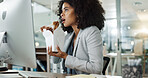 Chinese food, information and reading with a business woman in the office for data research while eating. Lunch, project management and young employee on a computer in her professional workplace