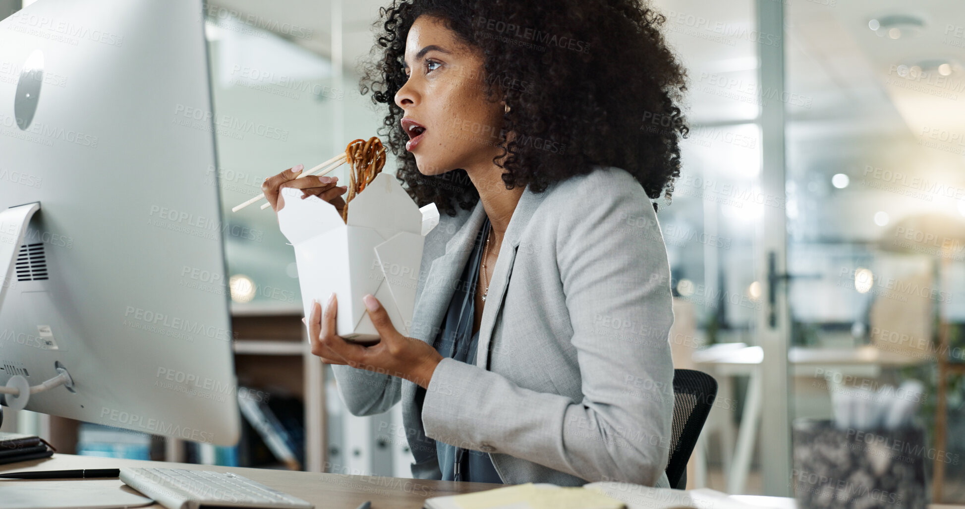 Buy stock photo Chinese food, information and reading with a business woman in the office for data research while eating. Lunch, project management and young employee on a computer in her professional workplace