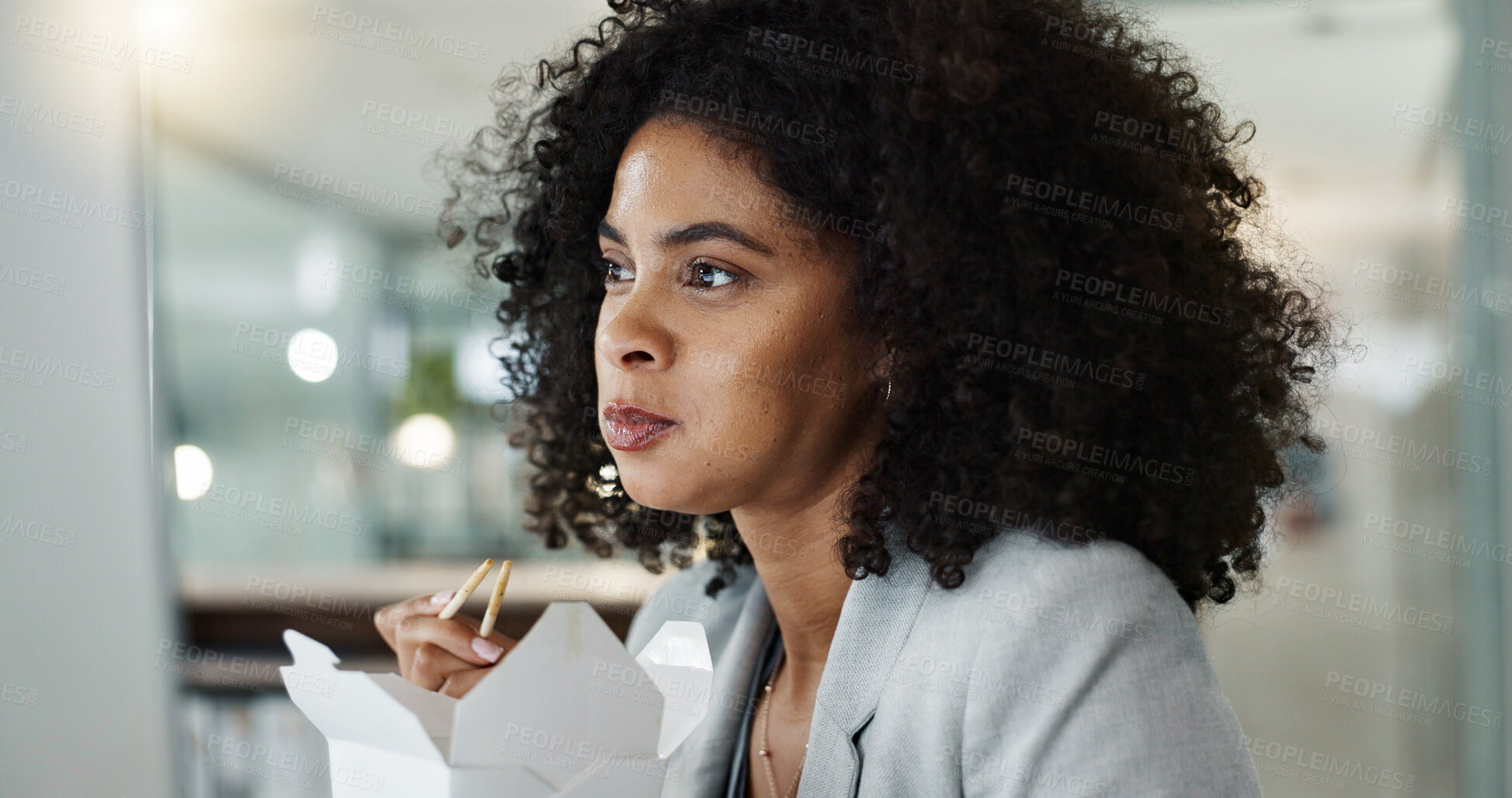 Buy stock photo Chinese food, smile and computer with a business black woman in the office for work on a project. Corporate, desktop and chopsticks with a happy young employee in the workplace for market research