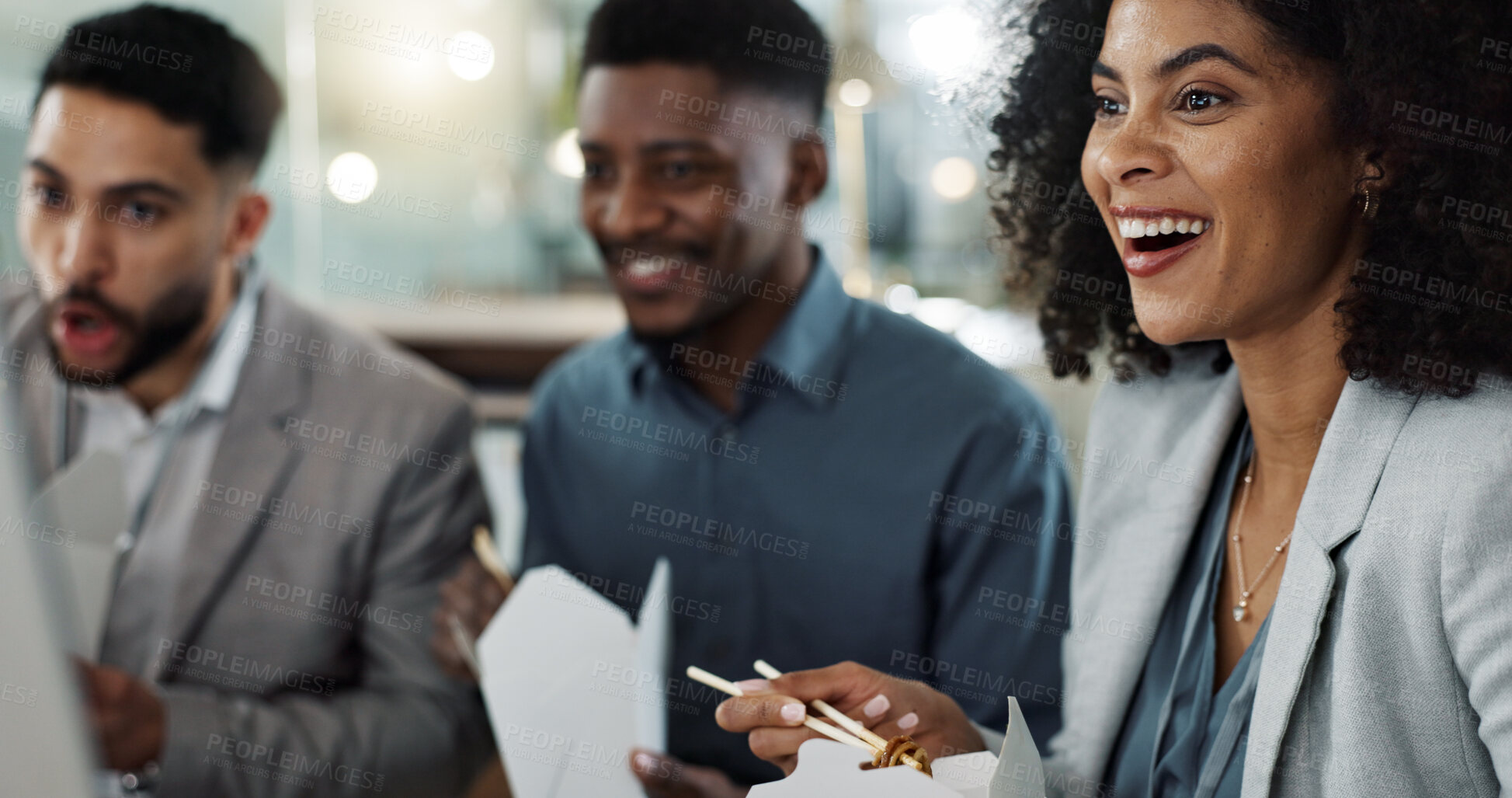 Buy stock photo Chinese food, collaboration and a business woman with her team in the office for a meeting while eating. Lunch, teamwork and a happy young employee group in the professional workplace for a break